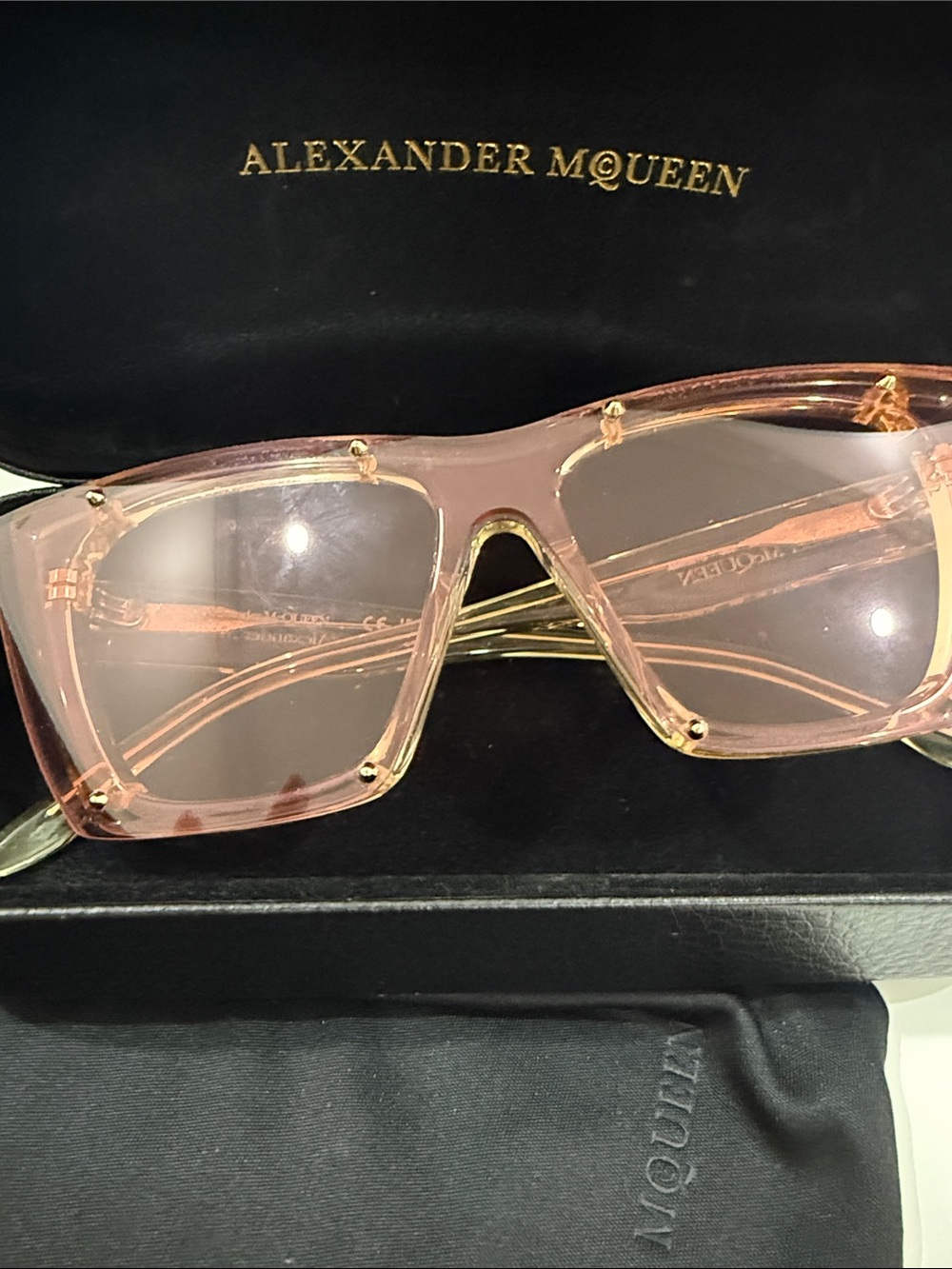 Alexander McQueen Translucent Pink Square Sunglasses with Gold Accents